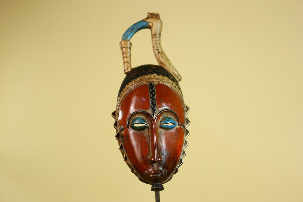 African Wooden Mask Baule Style Horned Headdress Tribal Wall Art-G6157