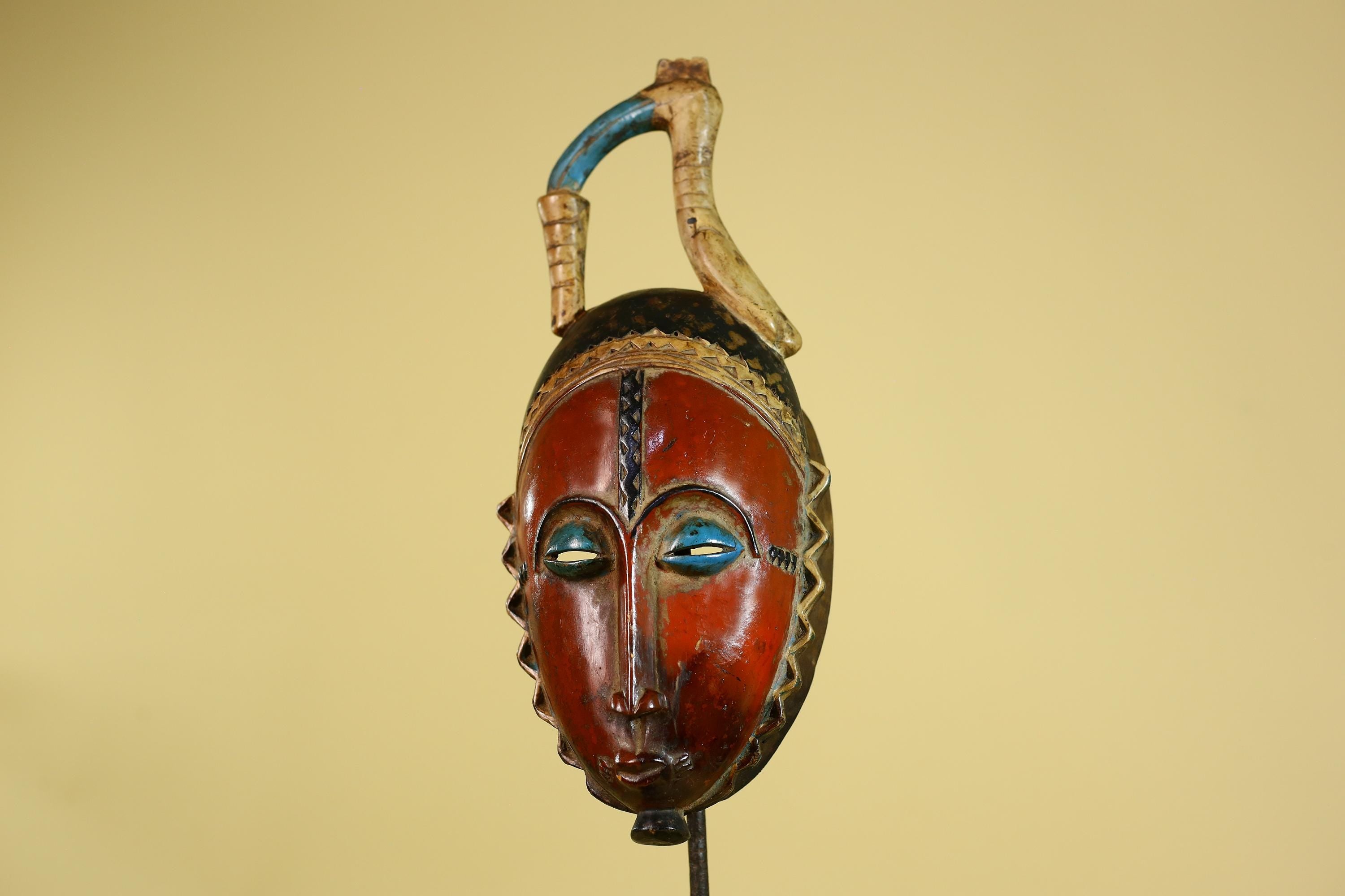 African Wooden Mask Baule Style Horned Headdress Tribal Wall Art-G6157
