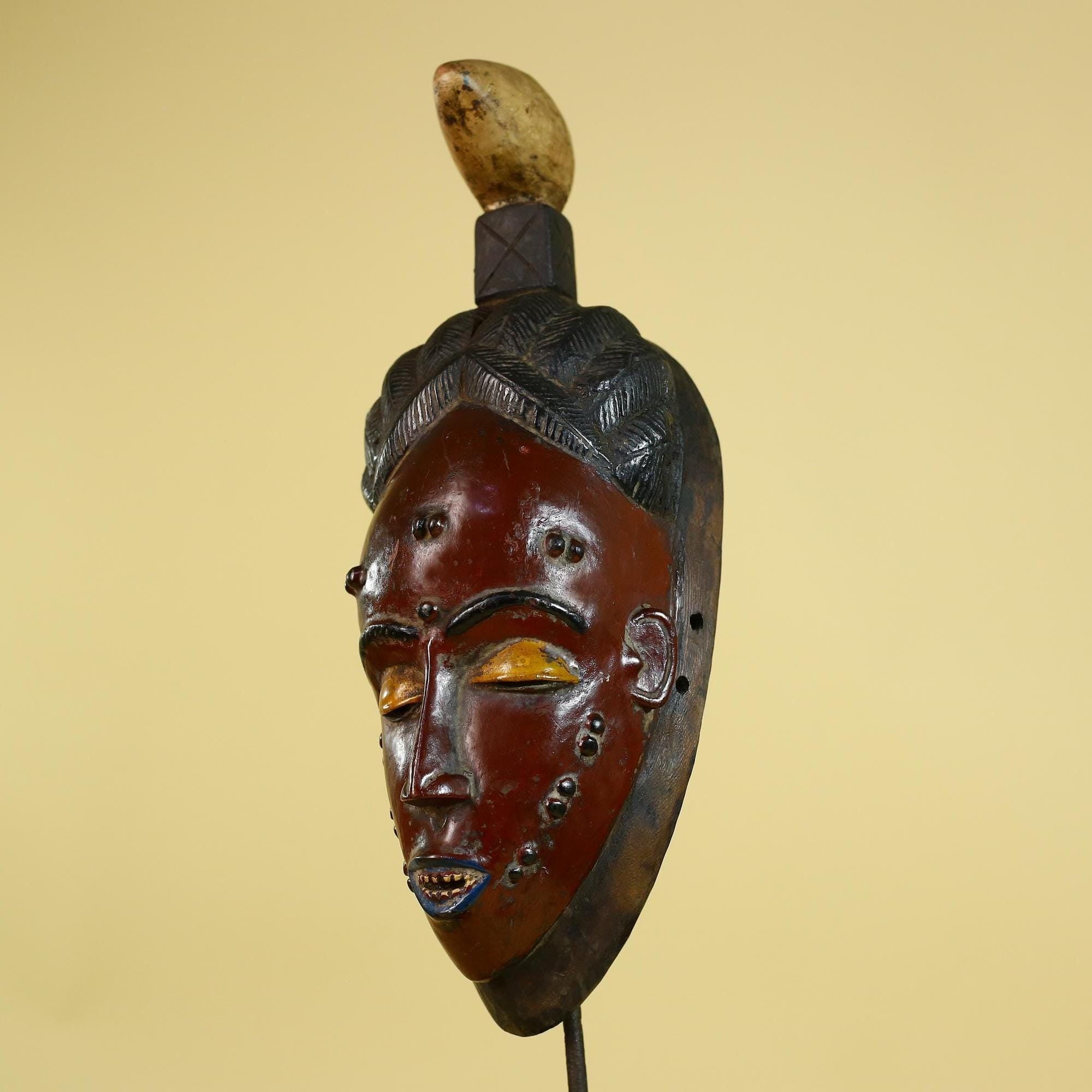 African Wooden Mask with Scarification – Baule Tribal Wall Art-G6162