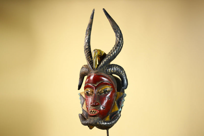 Guro African Mask Antelope Horns with Bird Carved Tribal Art Wall Decor-G6054