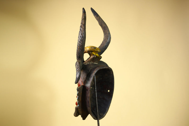 Guro African Mask Antelope Horns with Bird Carved Tribal Art Wall Decor-G6054