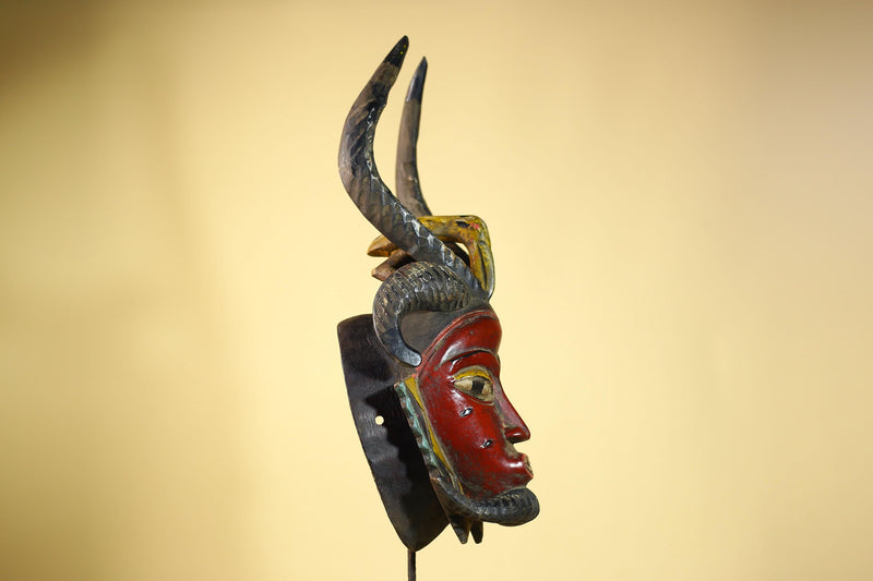 Guro African Mask Antelope Horns with Bird Carved Tribal Art Wall Decor-G6054