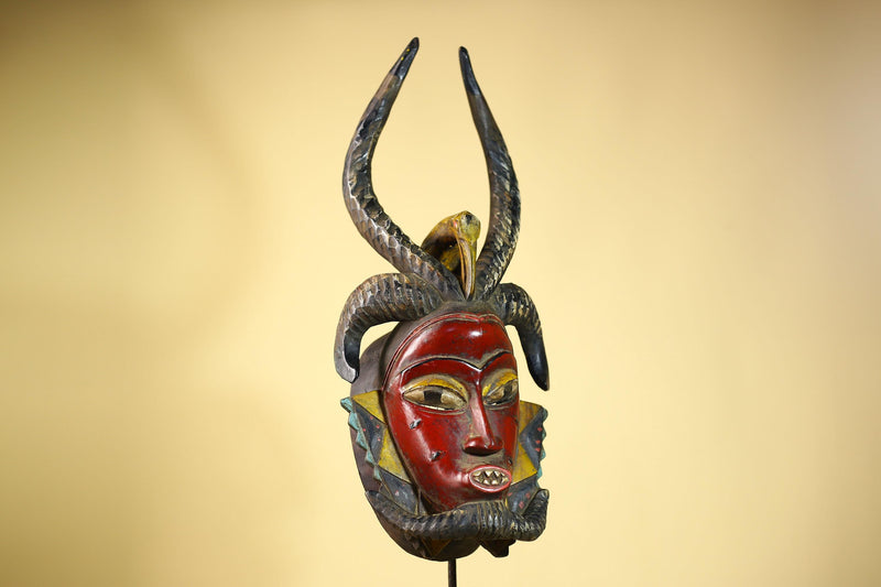 Guro African Mask Antelope Horns with Bird Carved Tribal Art Wall Decor-G6054
