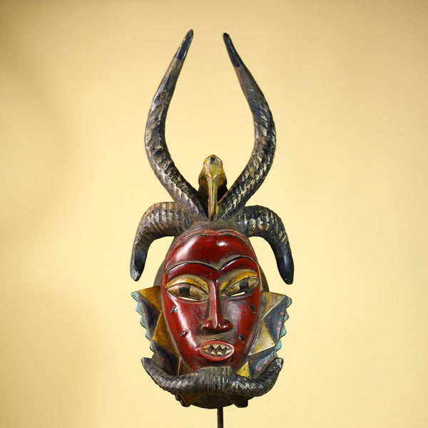 Guro African Mask Antelope Horns with Bird Carved Tribal Art Wall Decor-G6054