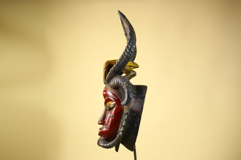 Guro African Mask Antelope Horns with Bird Carved Tribal Art Wall Decor-G6054