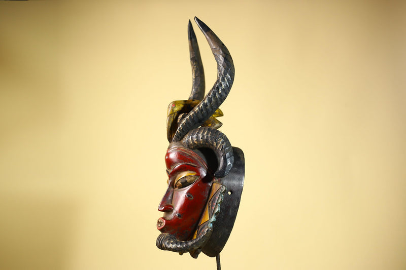 Guro African Mask Antelope Horns with Bird Carved Tribal Art Wall Decor-G6054