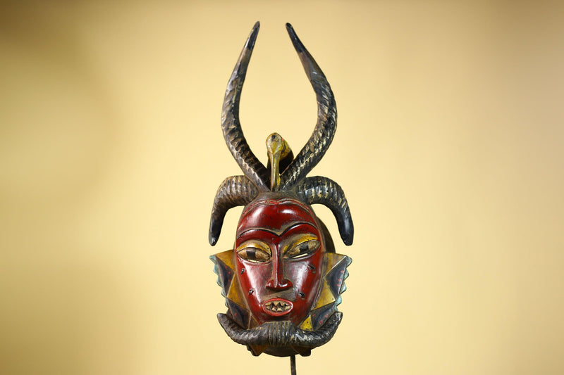Guro African Mask Antelope Horns with Bird Carved Tribal Art Wall Decor-G6054
