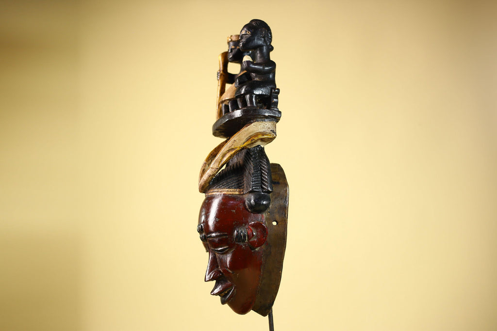 Guro African Mask with Seated Figures Hand Carved Tribal Wood Art Decor-G6055