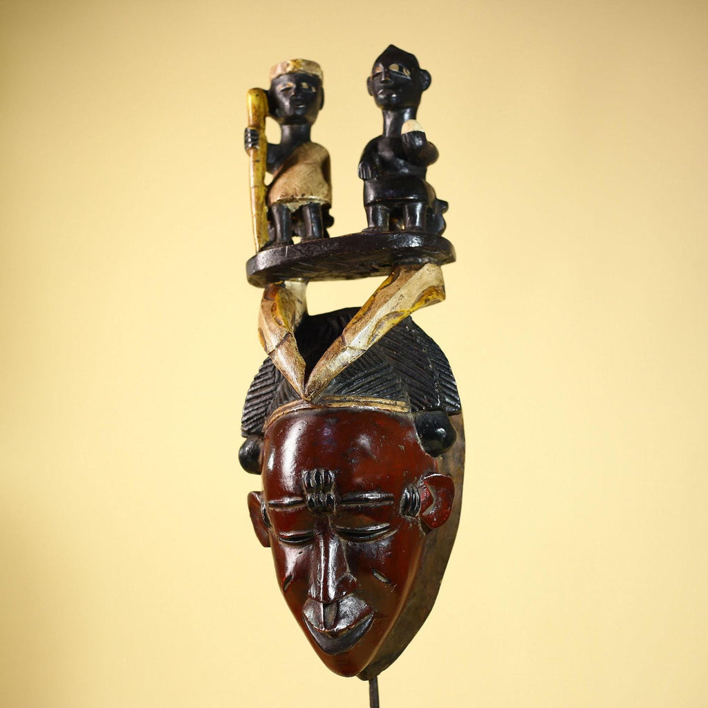 Guro African Mask with Seated Figures Hand Carved Tribal Wood Art Decor-G6055