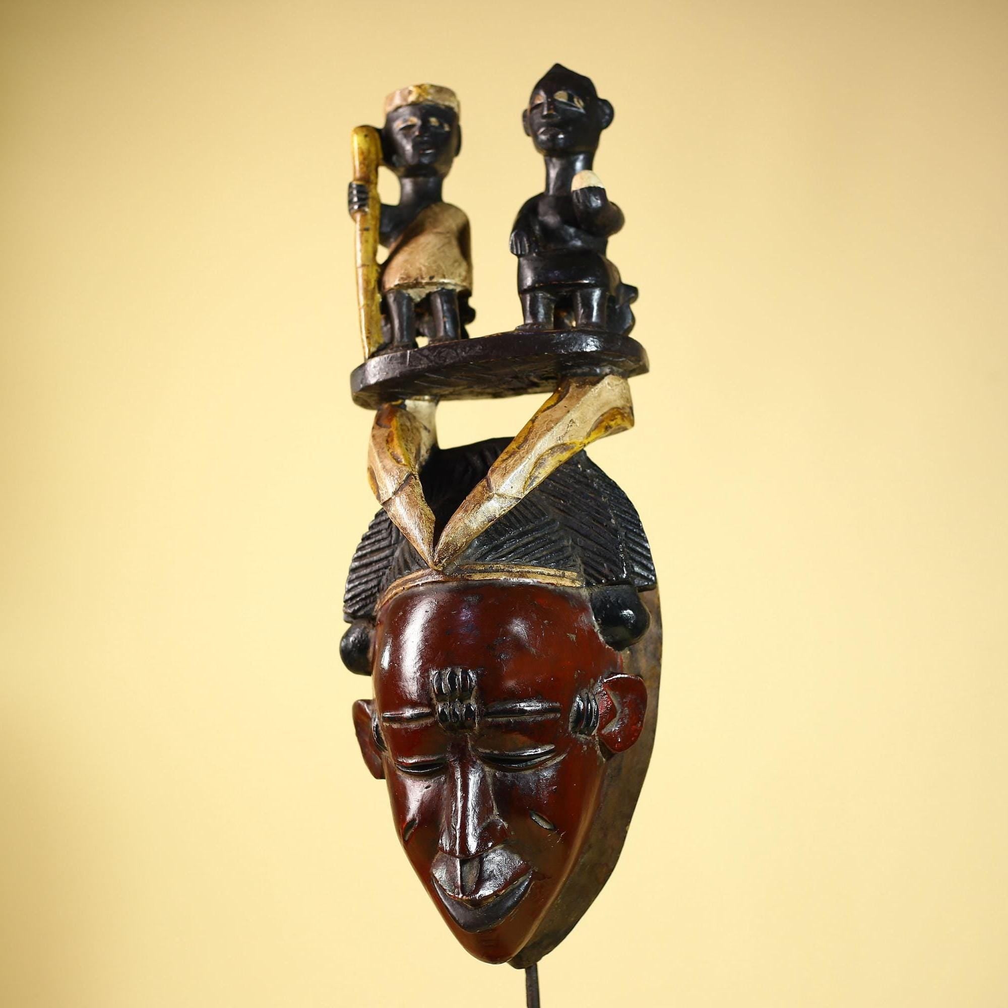 Guro African Mask with Seated Figures Hand Carved Tribal Wood Art Decor-G6055