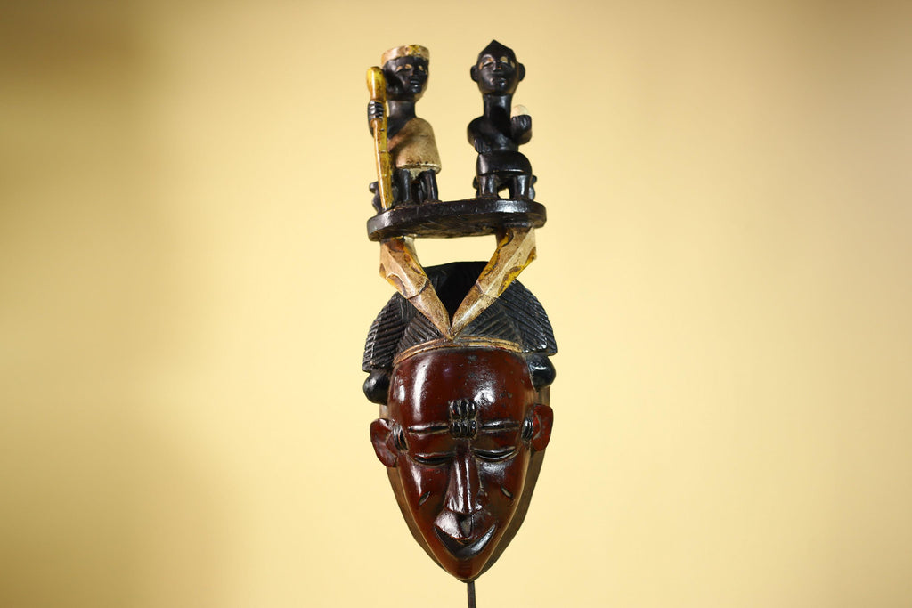 Guro African Mask with Seated Figures Hand Carved Tribal Wood Art Decor-G6055
