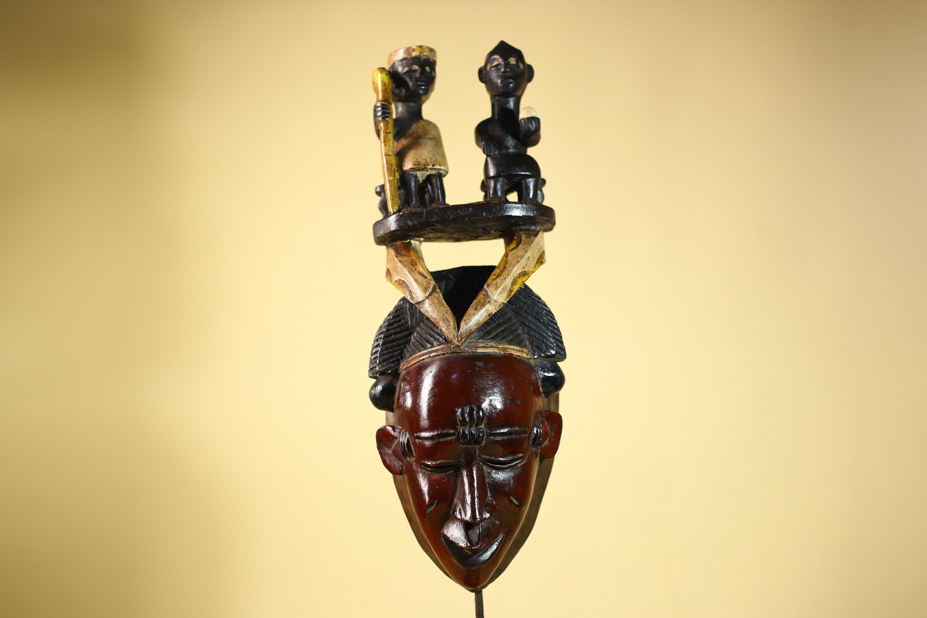 Guro African Mask with Seated Figures Hand Carved Tribal Wood Art Decor-G6055