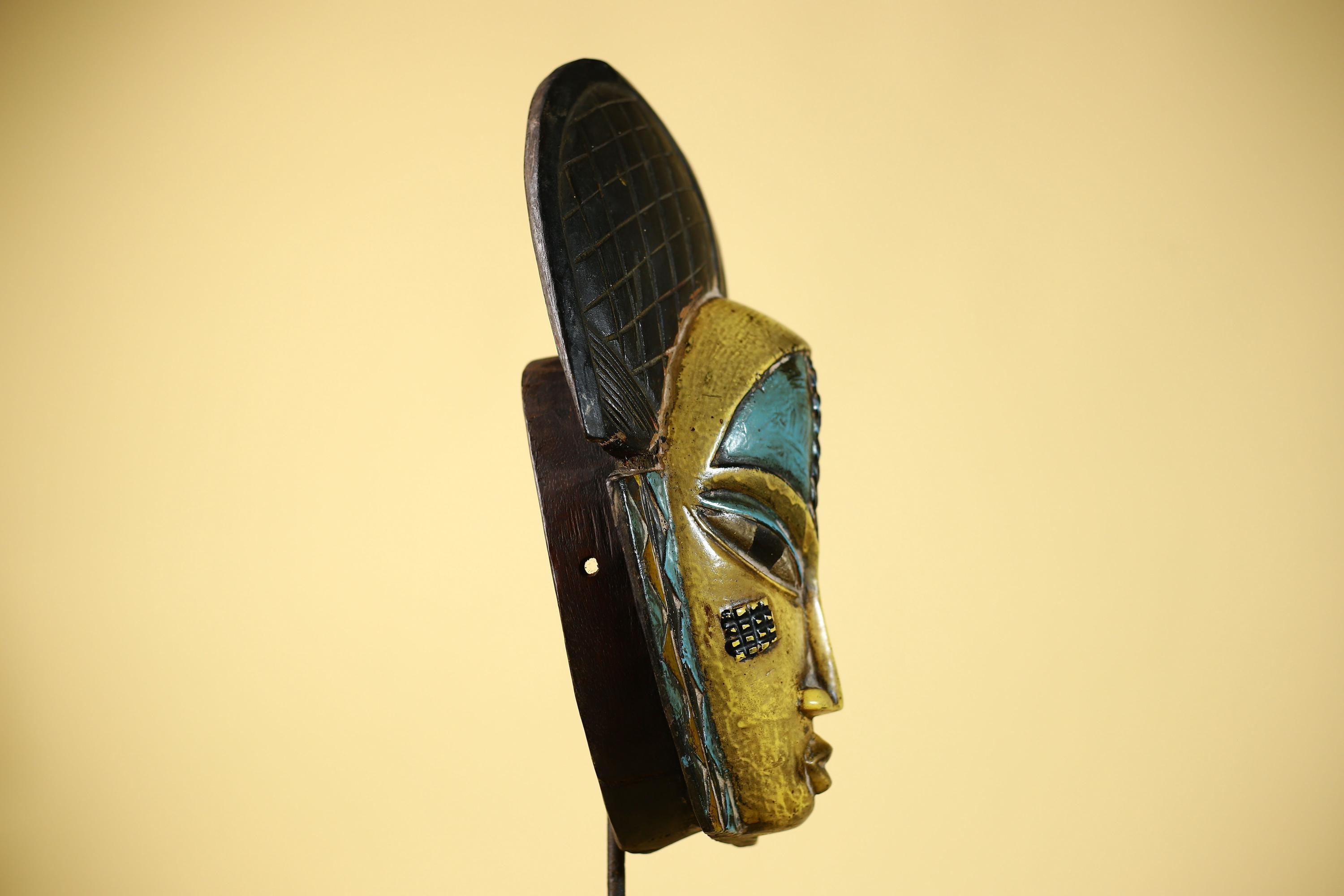 African Guro Mask with Carved Coiffure Hand Painted Tribal Wood Wall Decor-G6057