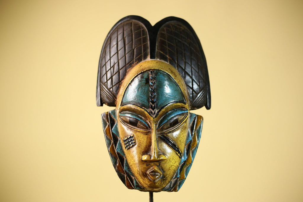 African Guro Mask with Carved Coiffure Hand Painted Tribal Wood Wall Decor-G6057