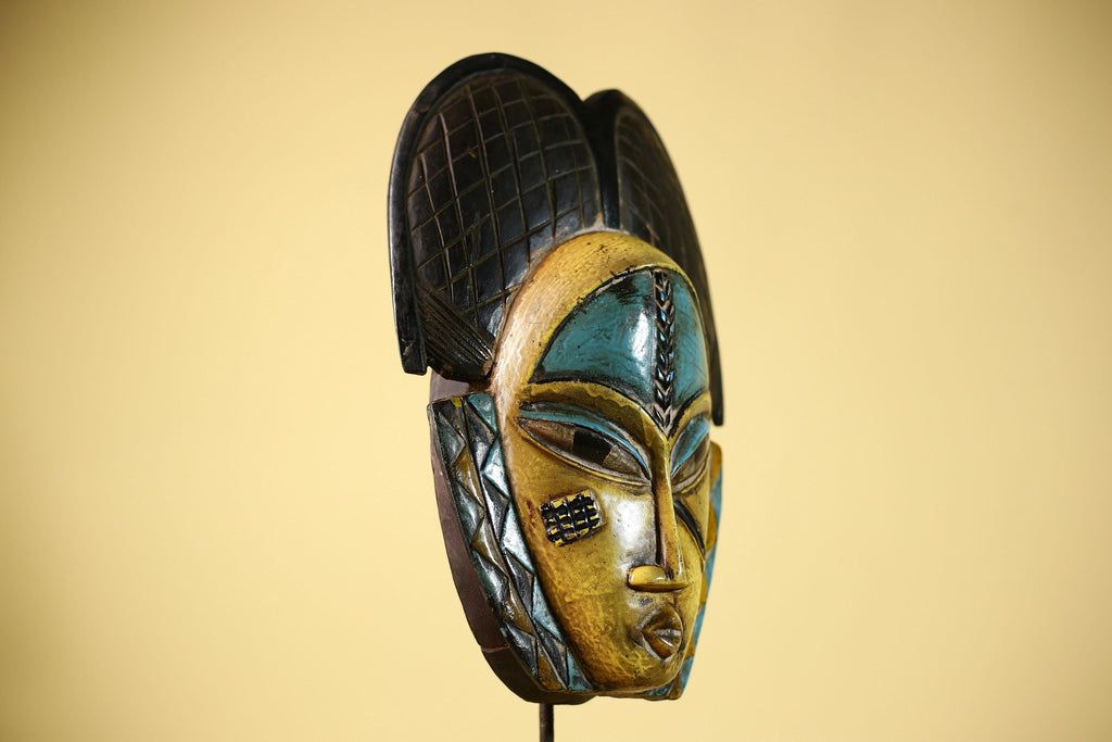 African Guro Mask with Carved Coiffure Hand Painted Tribal Wood Wall Decor-G6057