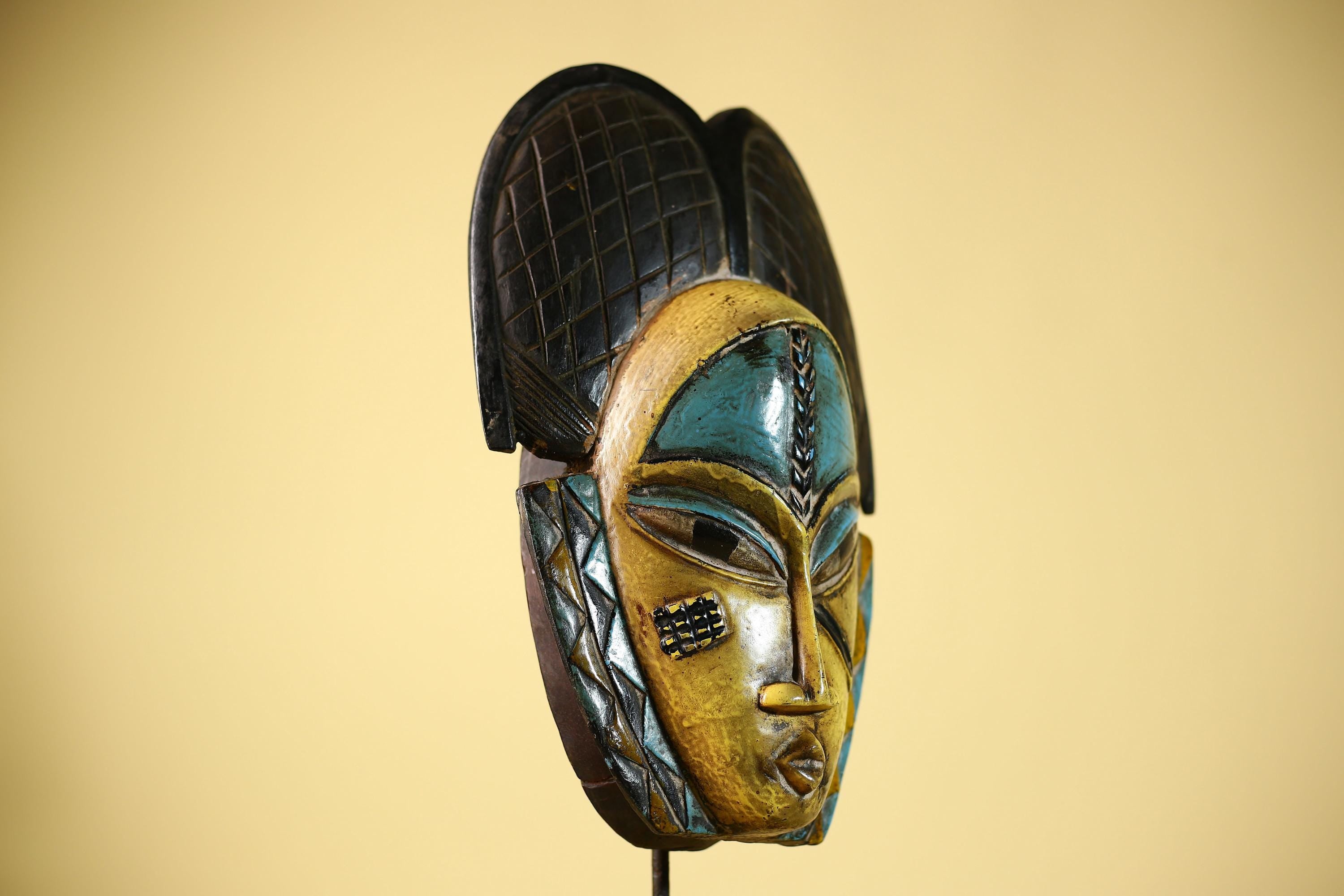 African Guro Mask with Carved Coiffure Hand Painted Tribal Wood Wall Decor-G6057