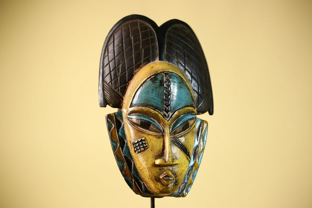 African Guro Mask with Carved Coiffure Hand Painted Tribal Wood Wall Decor-G6057