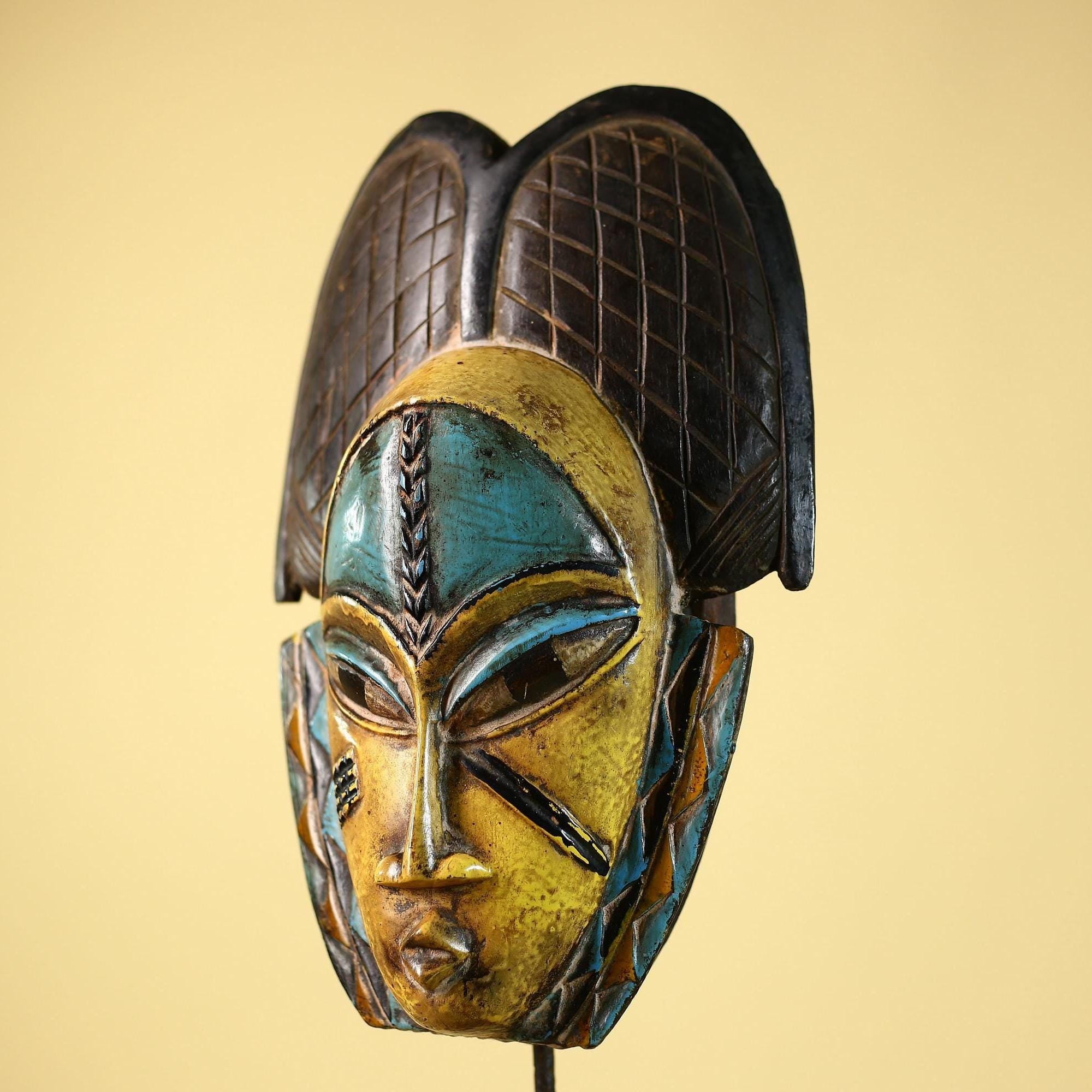 African Guro Mask with Carved Coiffure Hand Painted Tribal Wood Wall Decor-G6057