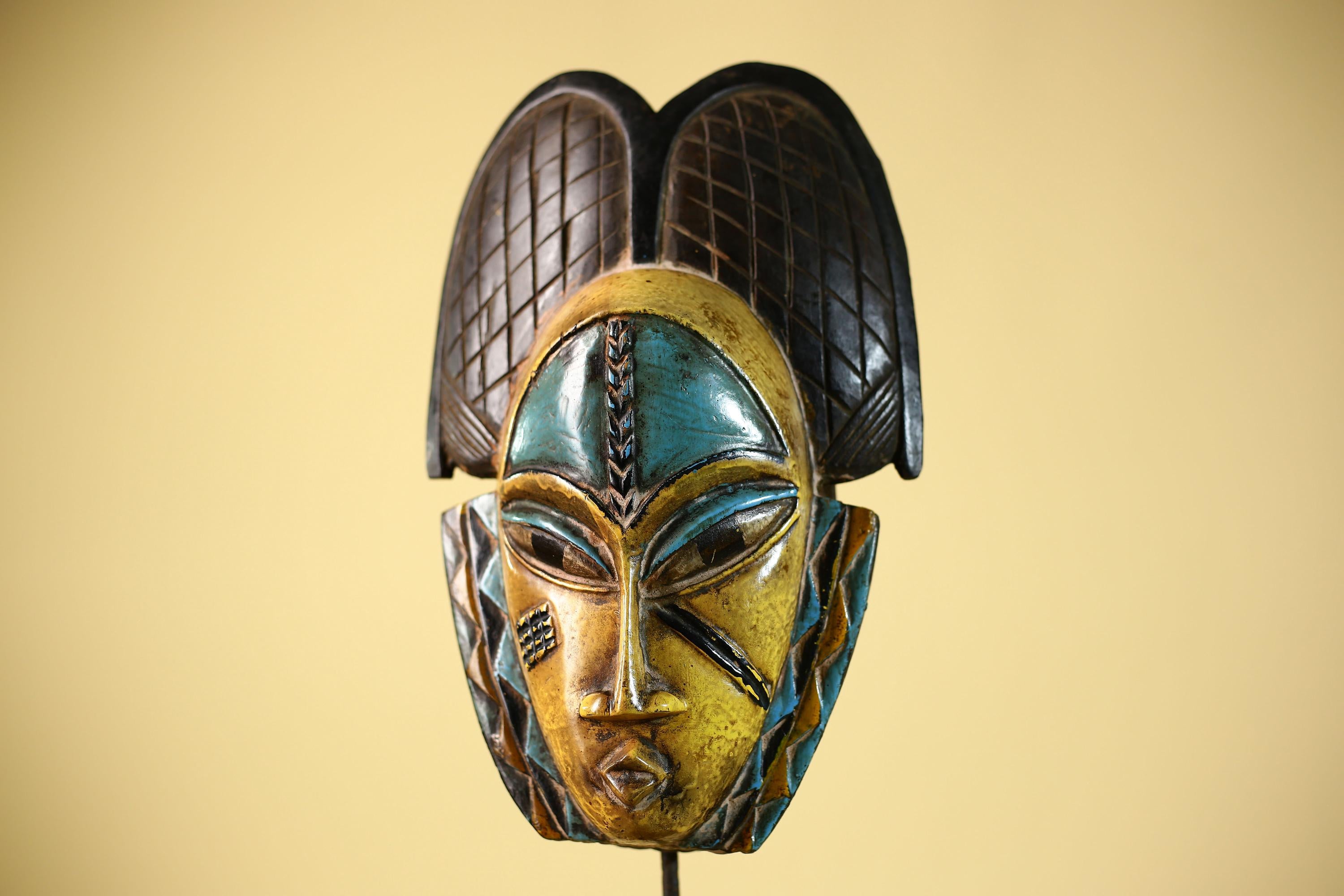 African Guro Mask with Carved Coiffure Hand Painted Tribal Wood Wall Decor-G6057