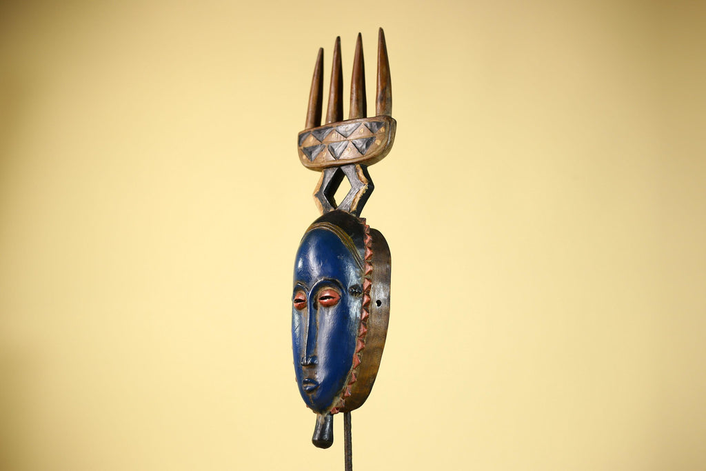 Guro African Mask with Comb Crest Hand Carved Tribal Blue Face Wood Decor-G6058