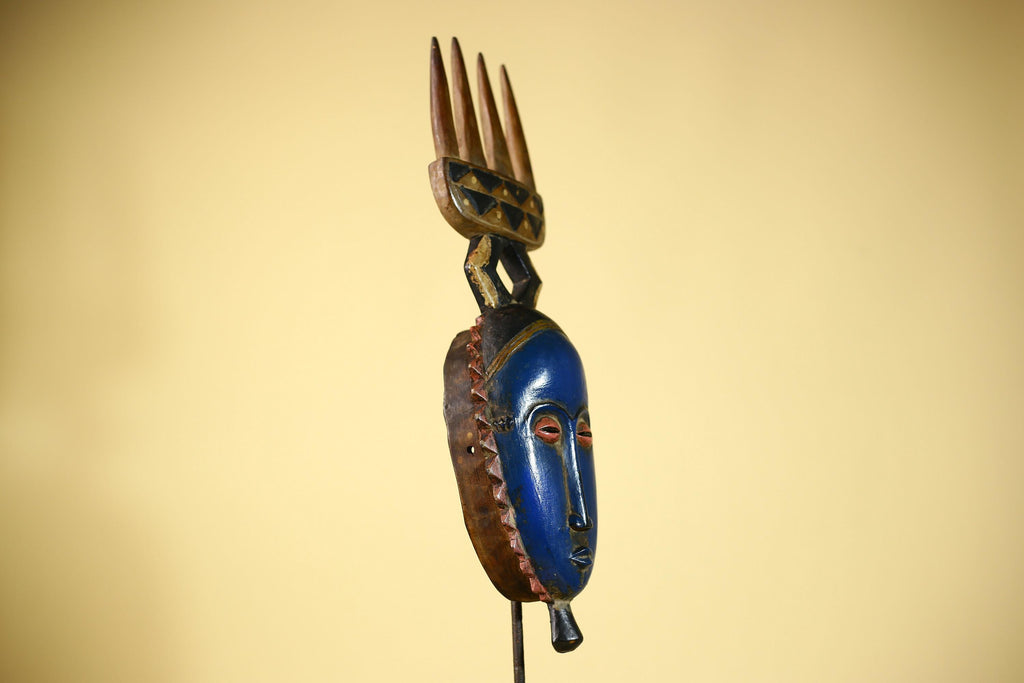 Guro African Mask with Comb Crest Hand Carved Tribal Blue Face Wood Decor-G6058
