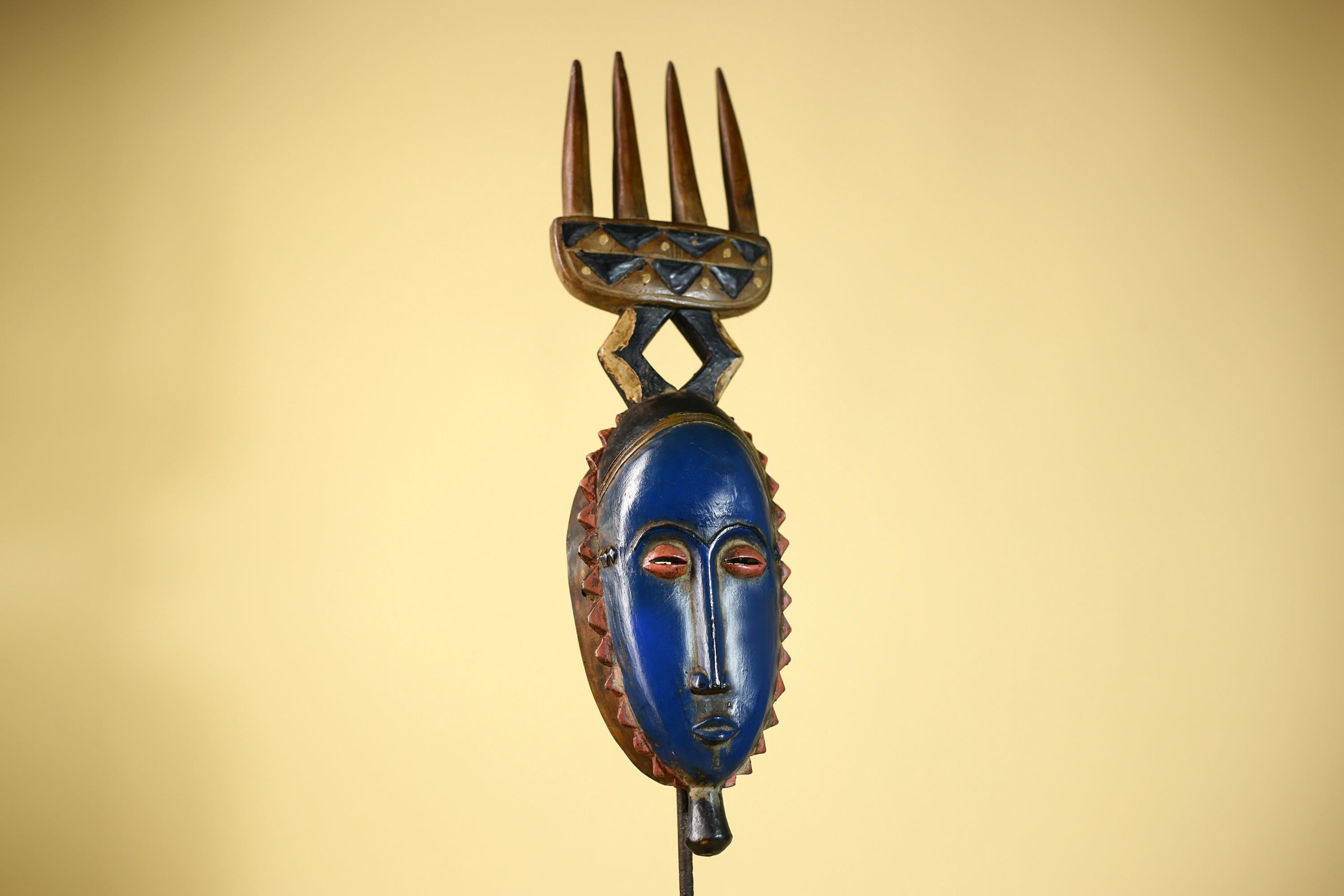 Guro African Mask with Comb Crest Hand Carved Tribal Blue Face Wood Decor-G6058