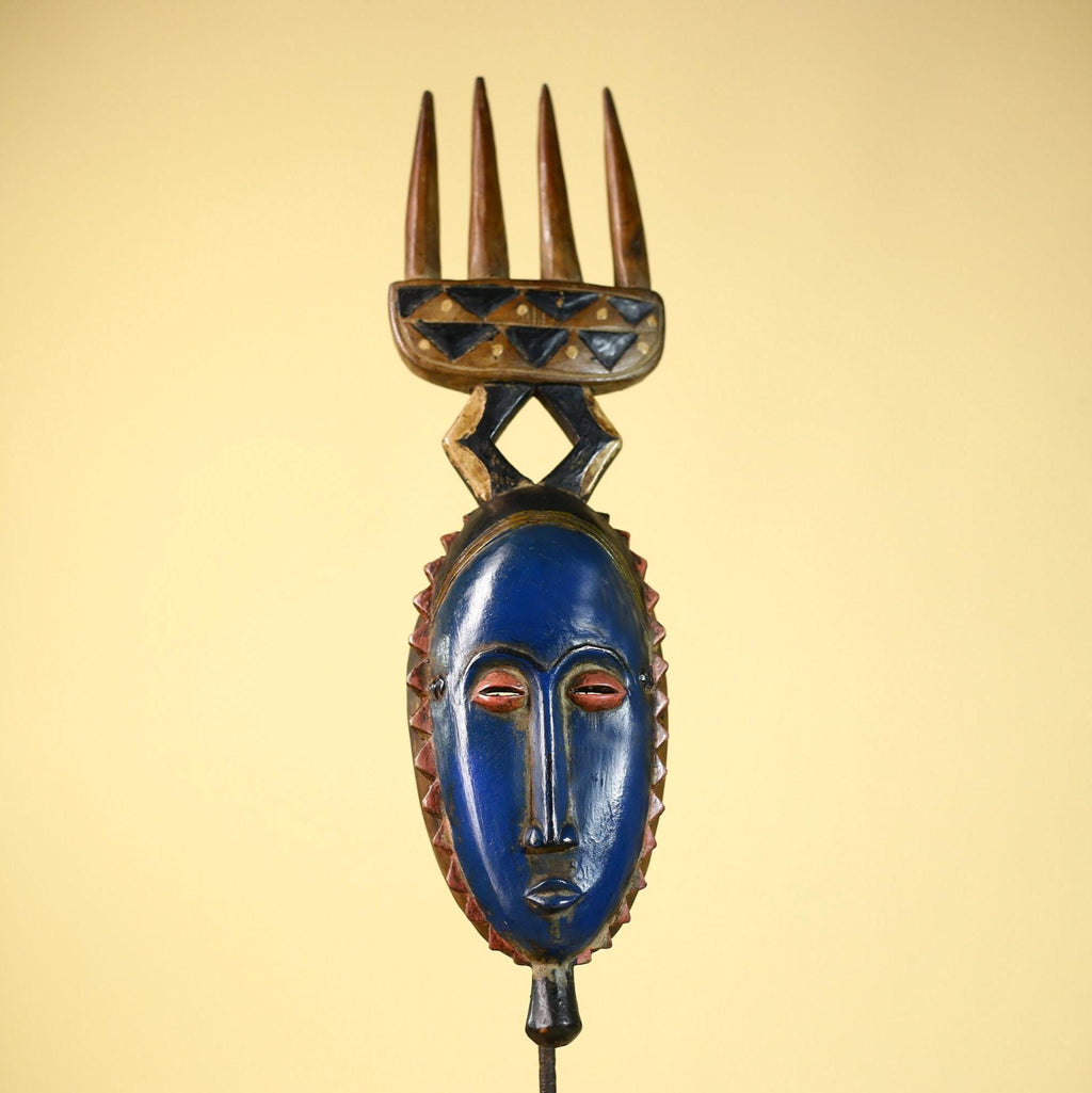 Guro African Mask with Comb Crest Hand Carved Tribal Blue Face Wood Decor-G6058
