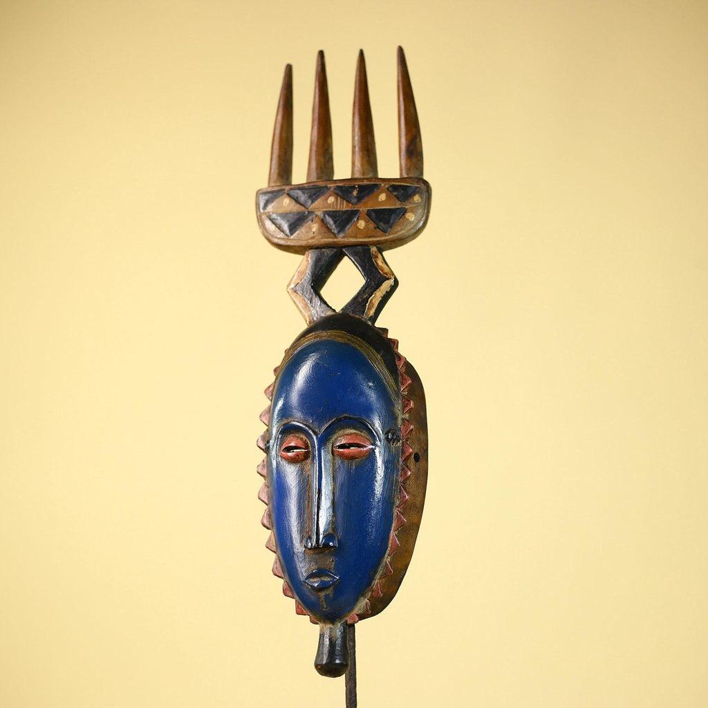 Guro African Mask with Comb Crest Hand Carved Tribal Blue Face Wood Decor-G6058