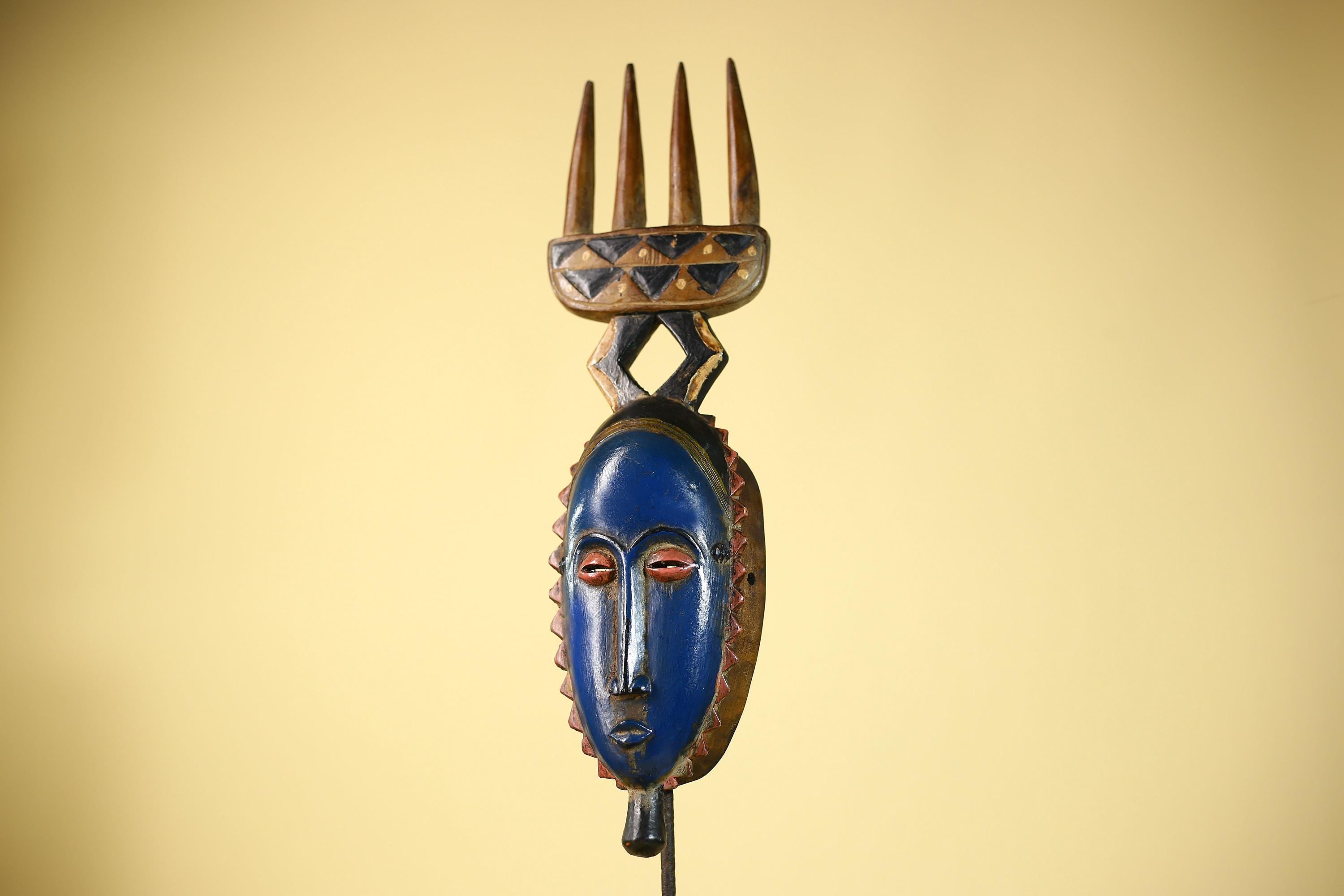 Guro African Mask with Comb Crest Hand Carved Tribal Blue Face Wood Decor-G6058