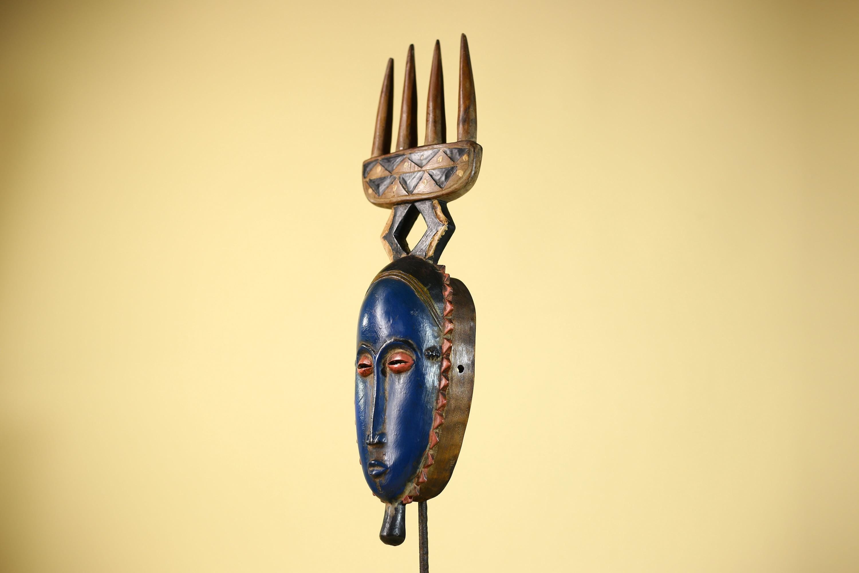 Guro African Mask with Comb Crest Hand Carved Tribal Blue Face Wood Decor-G6058