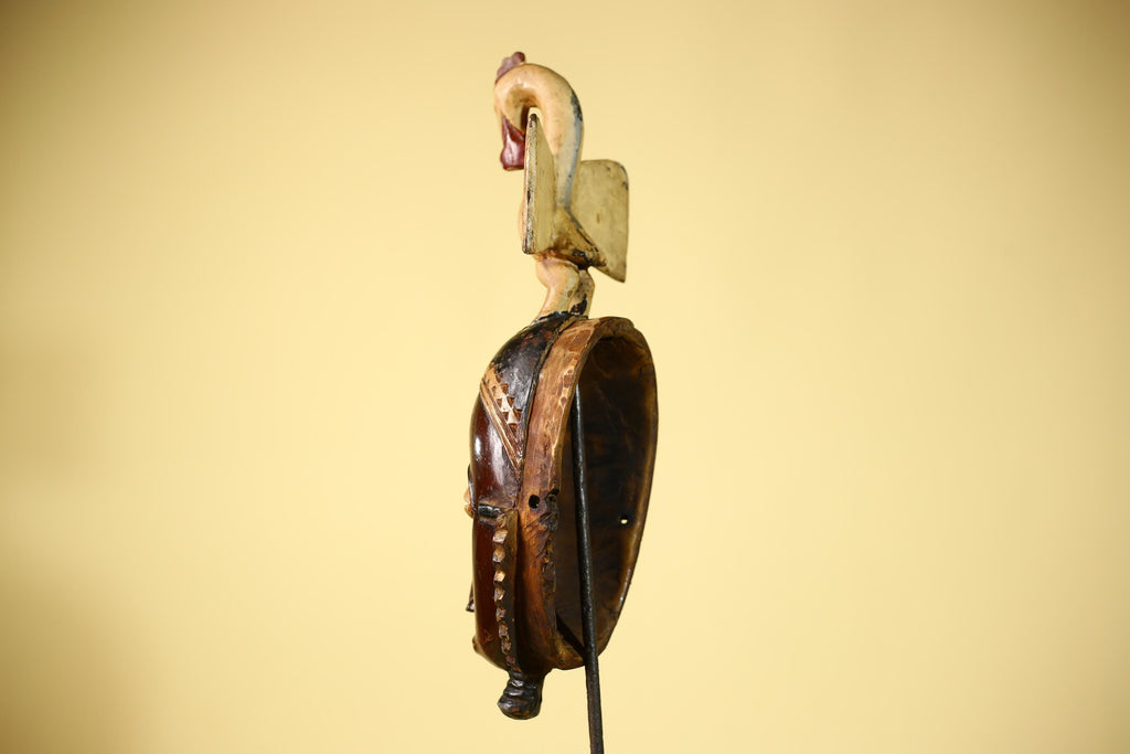 African Guro Mask with Bird Crest Hand Carved Tribal Wood Art Wall Display-G6059