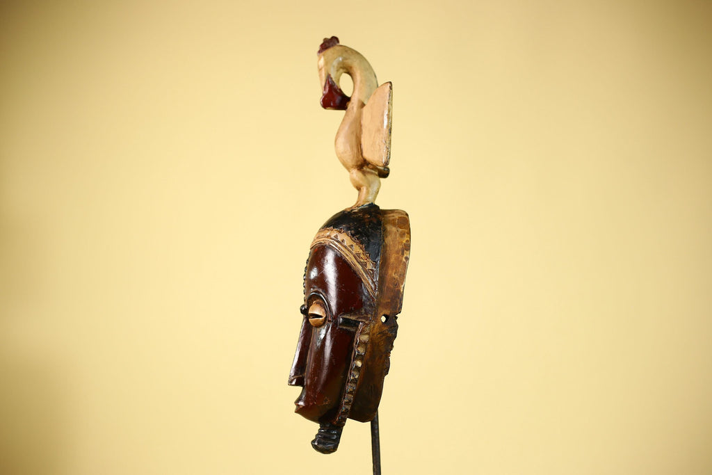 African Guro Mask with Bird Crest Hand Carved Tribal Wood Art Wall Display-G6059