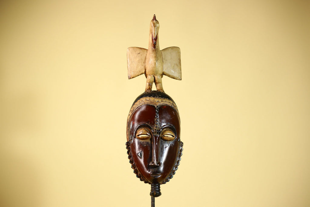 African Guro Mask with Bird Crest Hand Carved Tribal Wood Art Wall Display-G6059