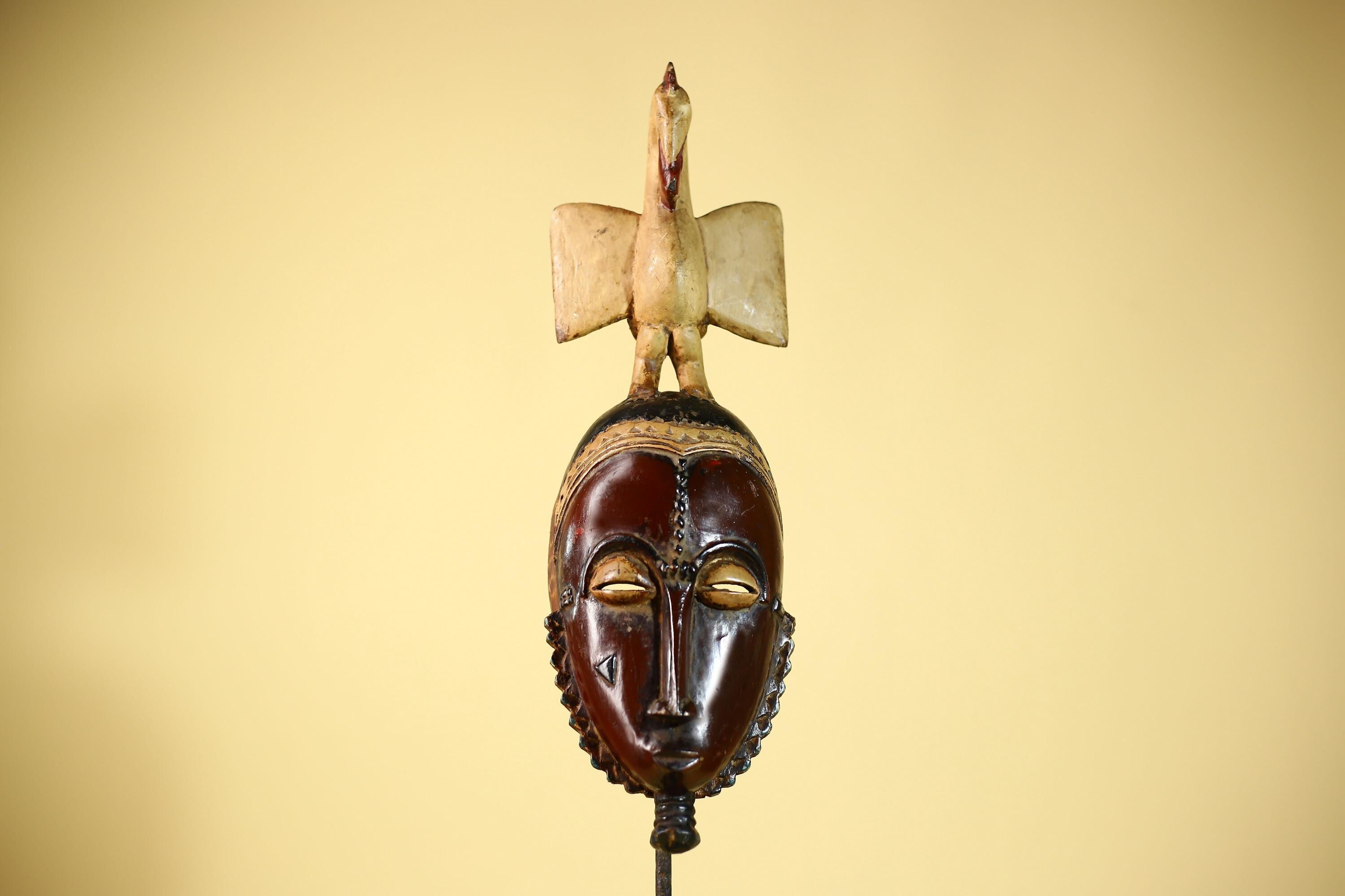 African Guro Mask with Bird Crest Hand Carved Tribal Wood Art Wall Display-G6059