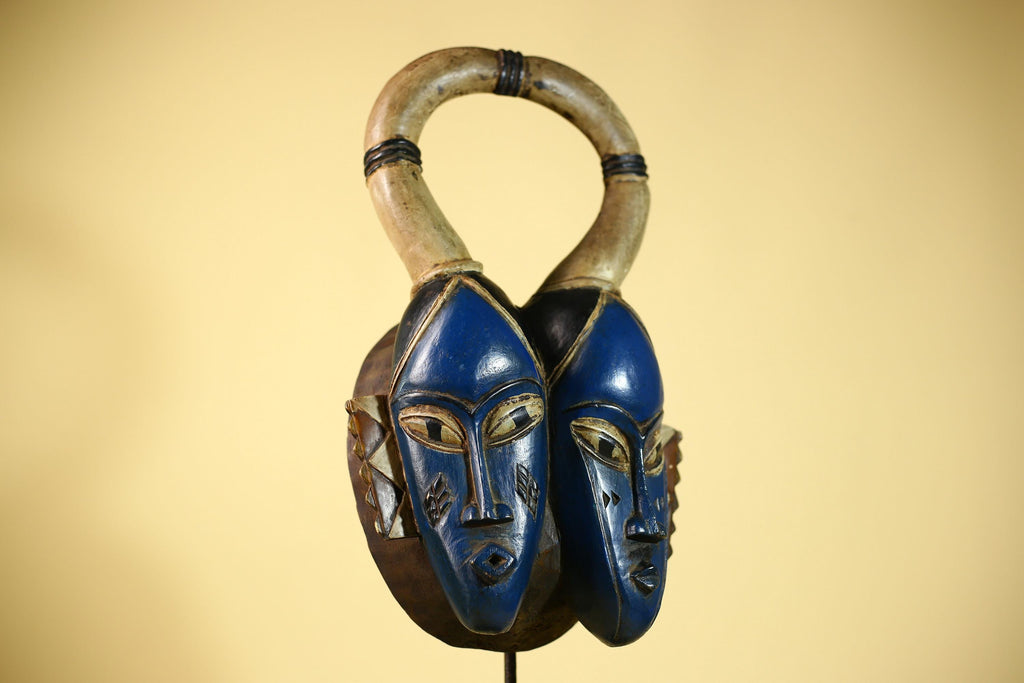 Guro Mask Double Face with Looped Horns Hand Carved Tribal Art Decor-G6060