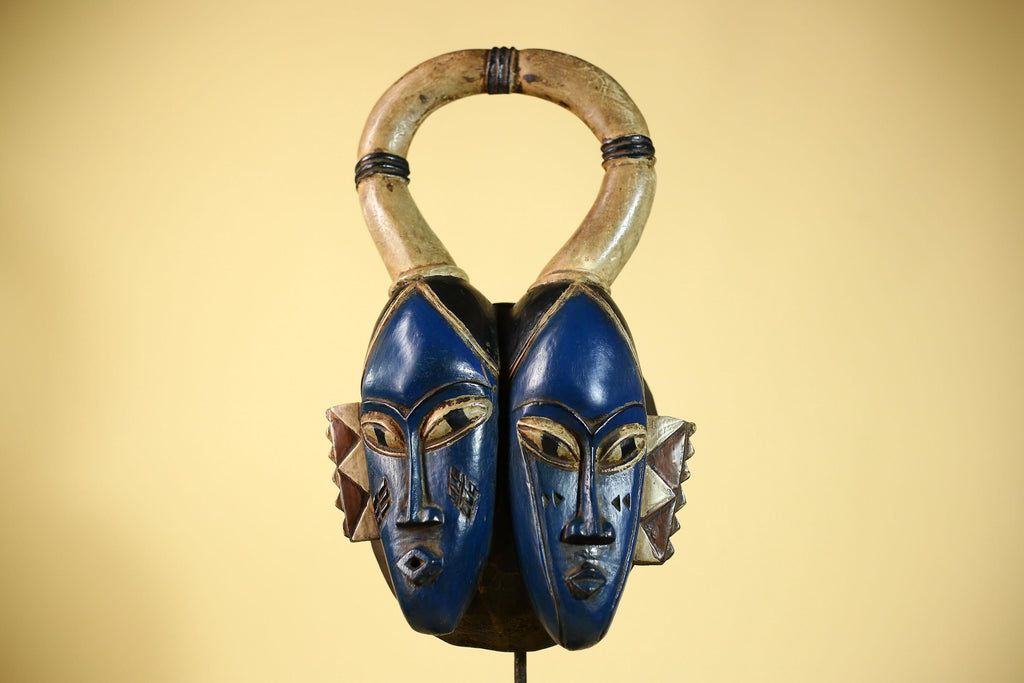 Guro Mask Double Face with Looped Horns Hand Carved Tribal Art Decor-G6060