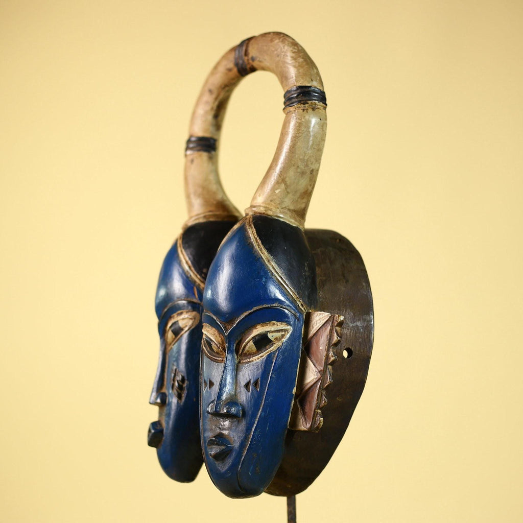 Guro Mask Double Face with Looped Horns Hand Carved Tribal Art Decor-G6060
