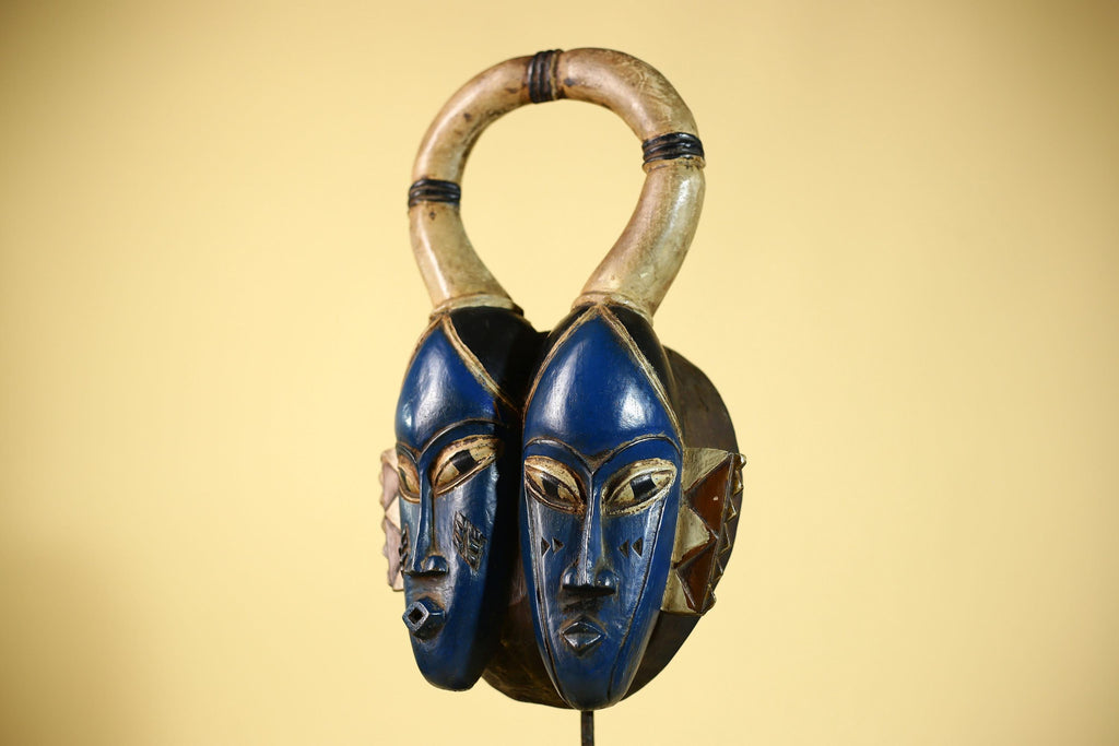 Guro Mask Double Face with Looped Horns Hand Carved Tribal Art Decor-G6060
