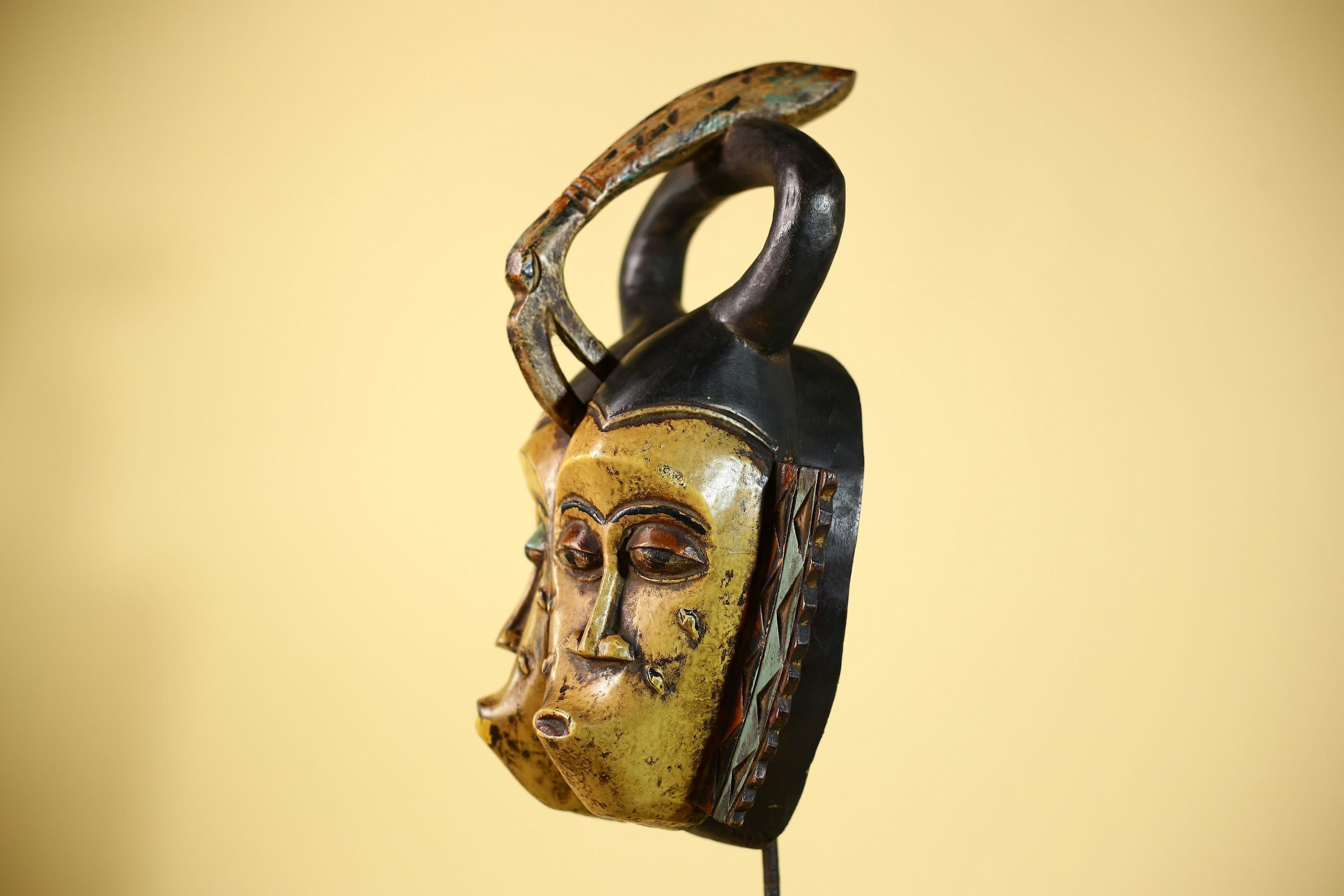 African Guro Mask Double Face Tribal Art Serpent Crest Carved Wall Decor-G6061