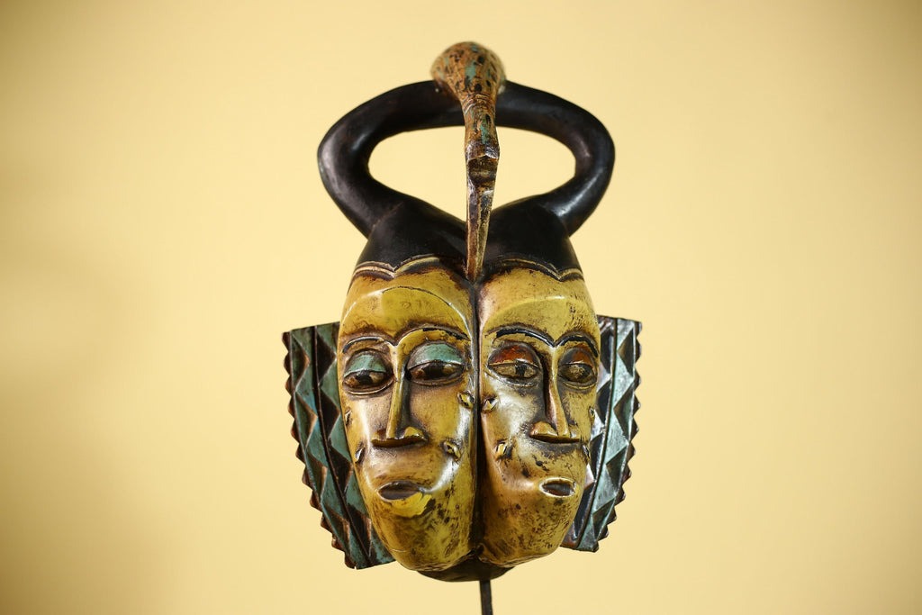 African Guro Mask Double Face Tribal Art Serpent Crest Carved Wall Decor-G6061
