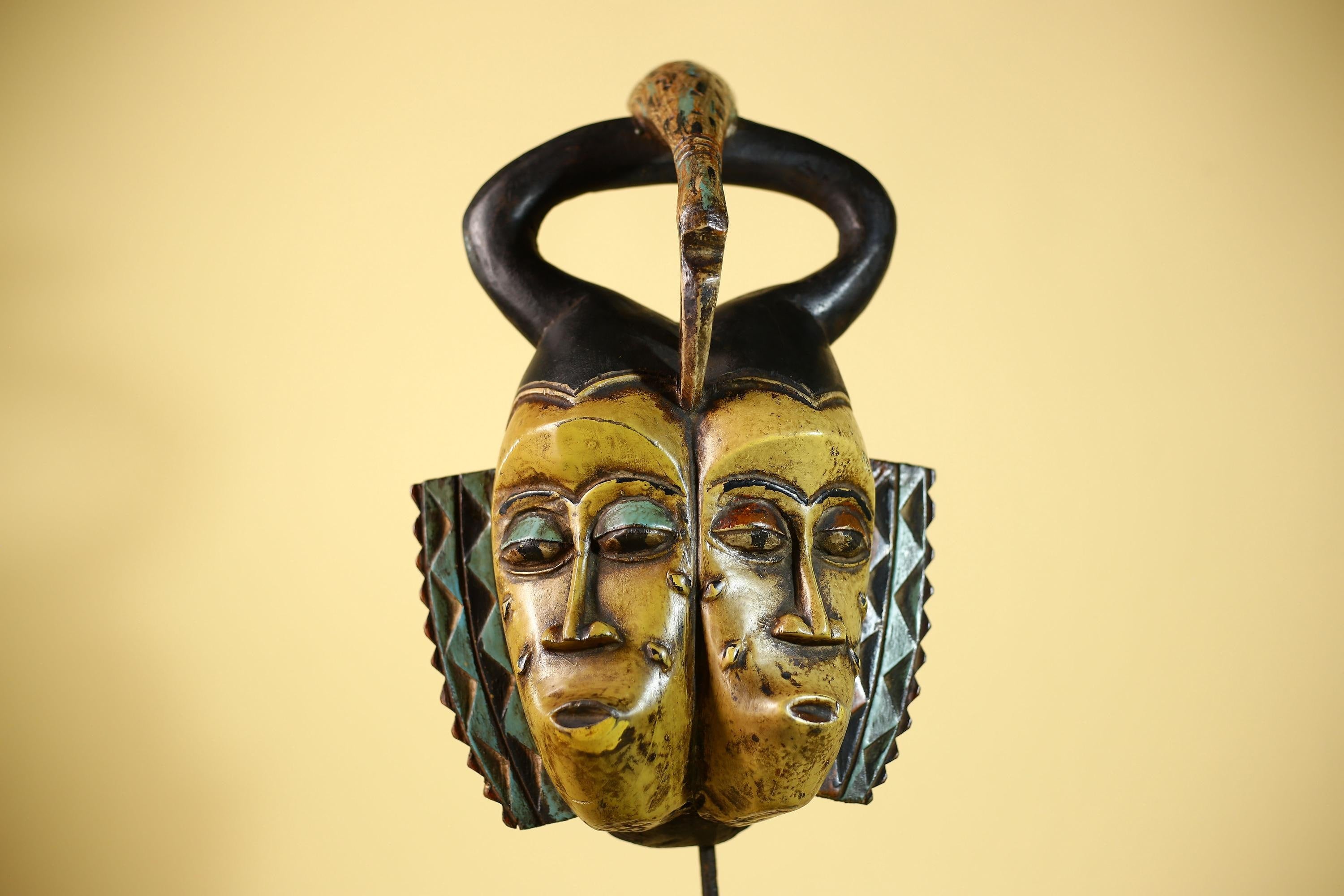 African Guro Mask Double Face Tribal Art Serpent Crest Carved Wall Decor-G6061