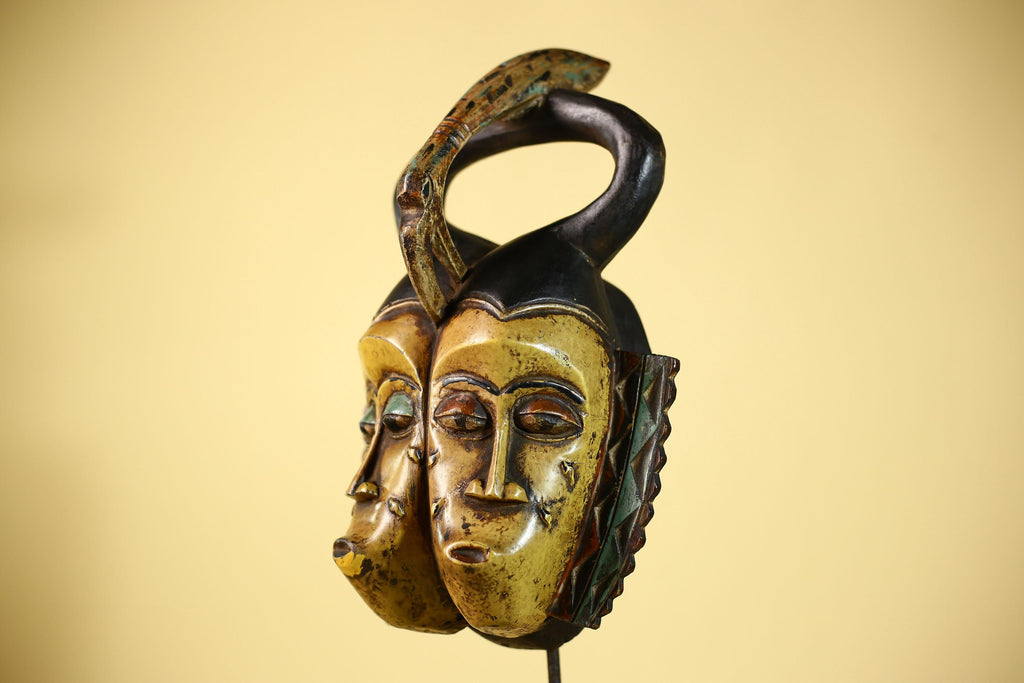 African Guro Mask Double Face Tribal Art Serpent Crest Carved Wall Decor-G6061