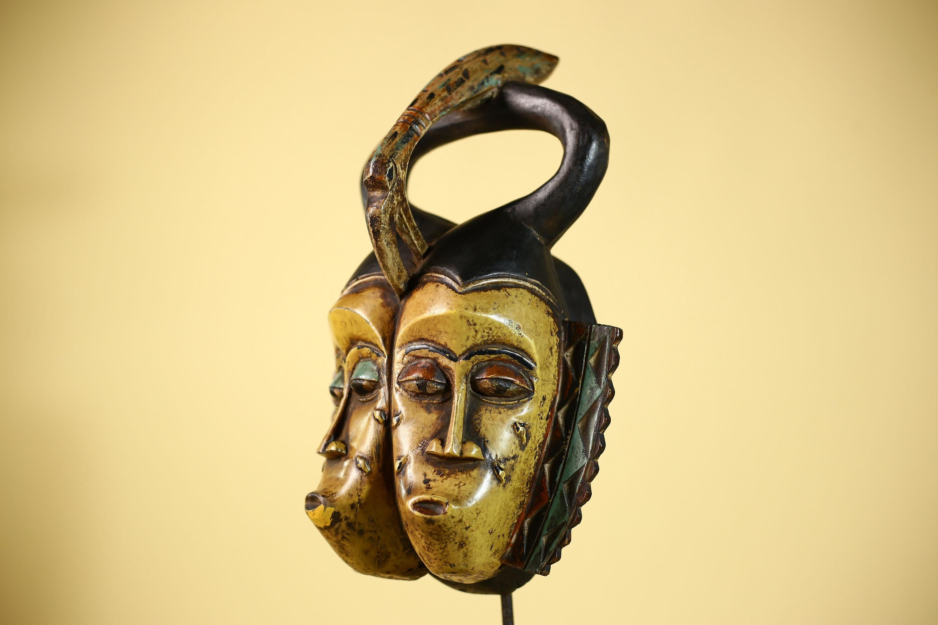 African Guro Mask Double Face Tribal Art Serpent Crest Carved Wall Decor-G6061