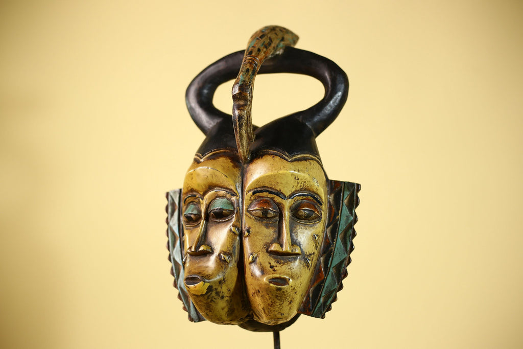 African Guro Mask Double Face Tribal Art Serpent Crest Carved Wall Decor-G6061