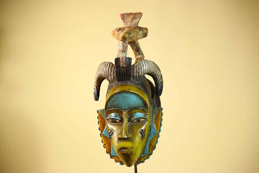 African Guro Face Mask Ram Horns & Bird Crest Hand Carved Tribal Art Decor-G6062