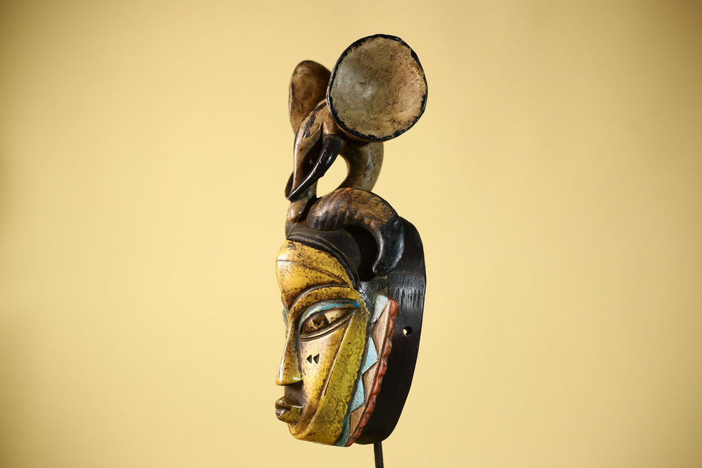 Vintage Guro Tribal Mask African Carved Ram Horn & elephant crest Wall Art-G6063