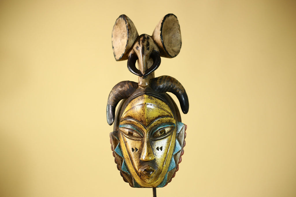 Vintage Guro Tribal Mask African Carved Ram Horn & elephant crest Wall Art-G6063