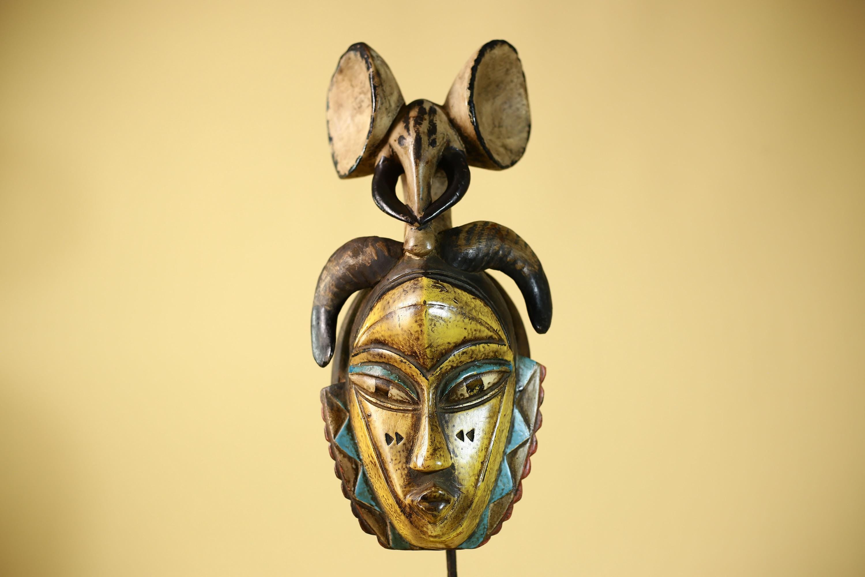 Vintage Guro Tribal Mask African Carved Ram Horn & elephant crest Wall Art-G6063
