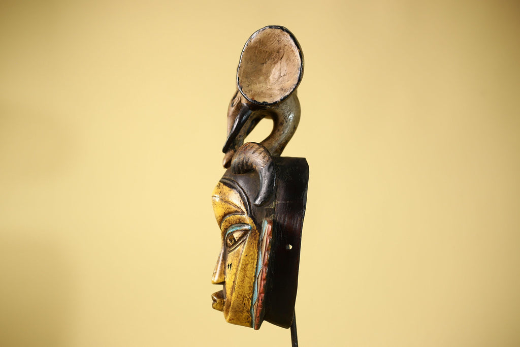 Vintage Guro Tribal Mask African Carved Ram Horn & elephant crest Wall Art-G6063