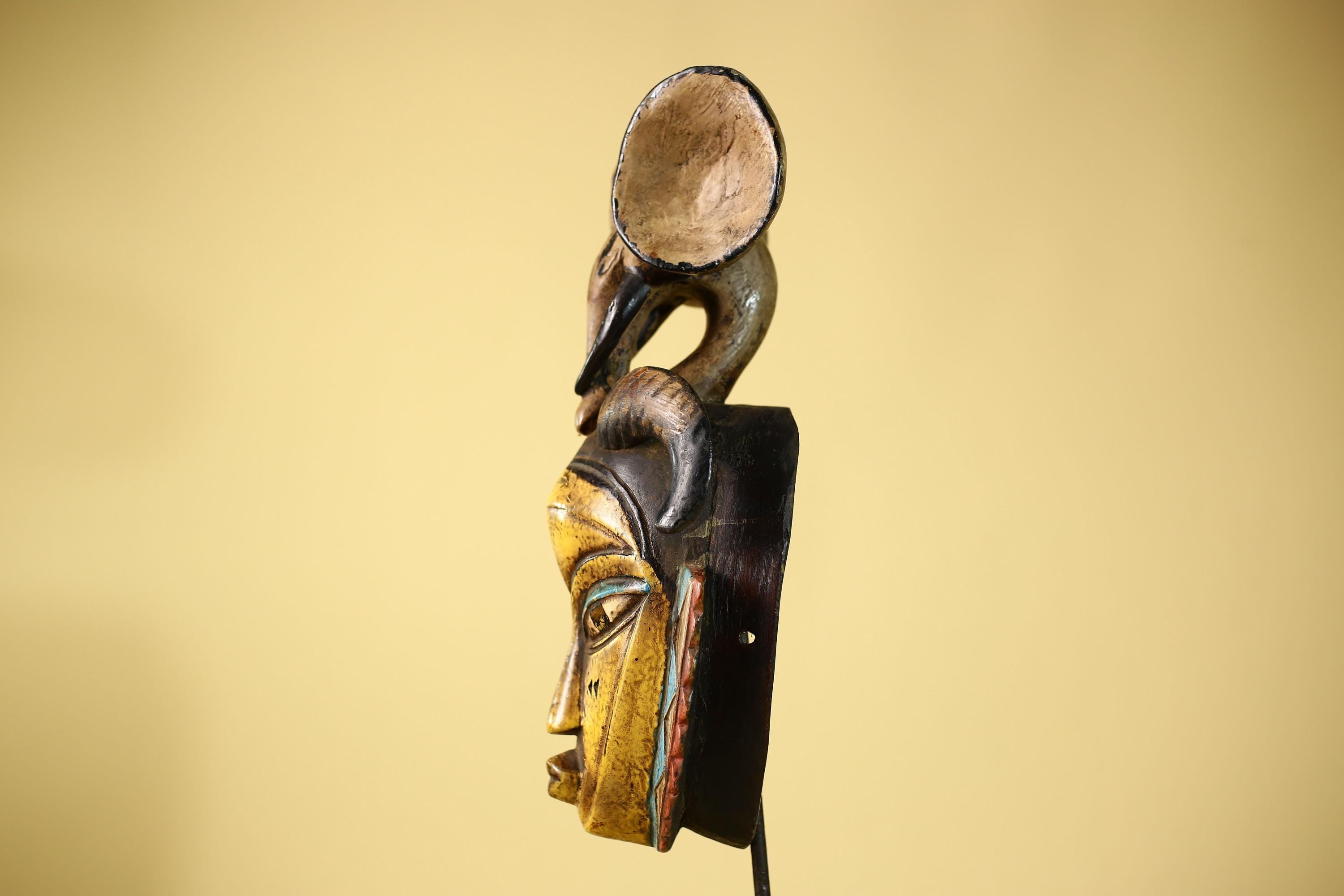 Vintage Guro Tribal Mask African Carved Ram Horn & elephant crest Wall Art-G6063